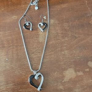 Brighton Silver and Black Heart Pendant Necklace with Matching Earrings